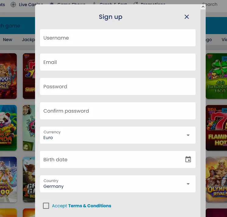 Registrierungsformular von Casino Orca