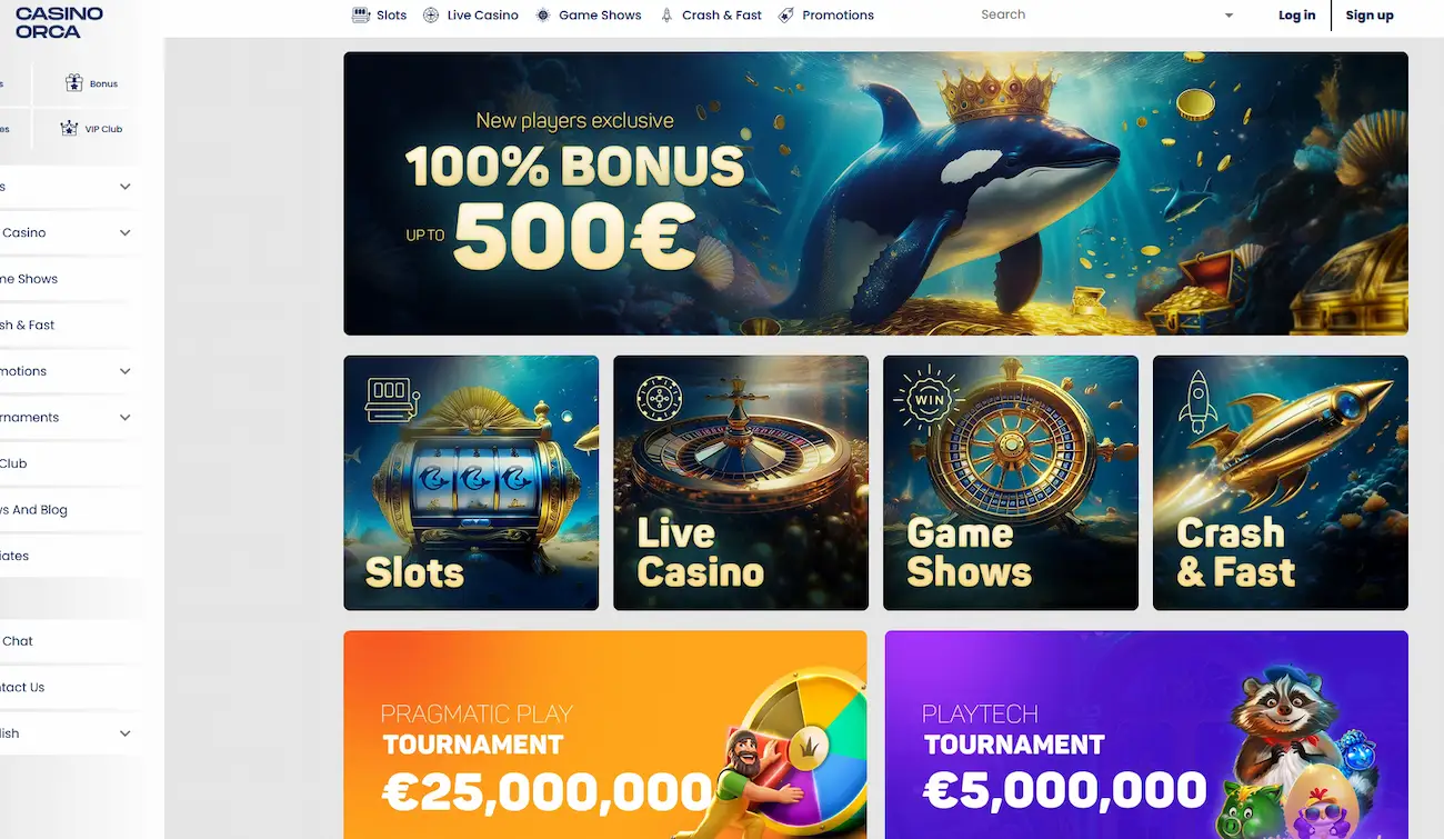Casino Orca Lobby Startseite von Casino Orca mit Spielelobby